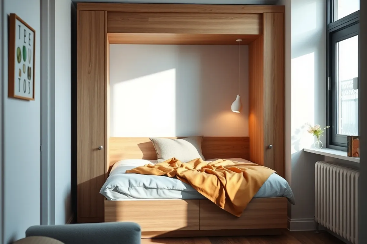 A wall bed frees the floor for daytime use.